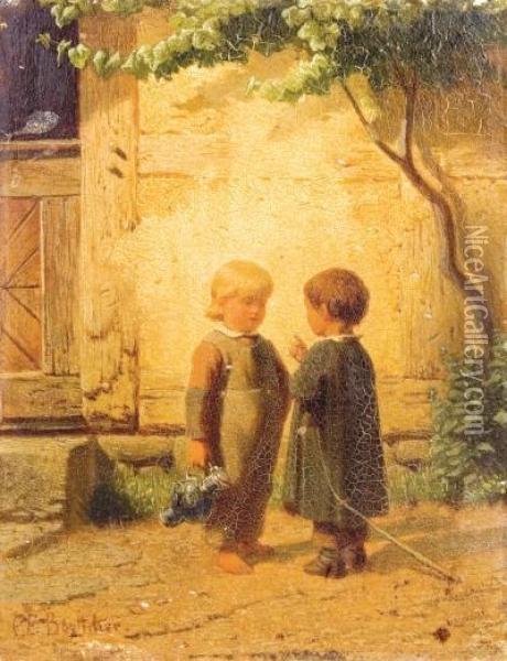 Zwei Kleinkinder Auf Einer Dorfstrase Oil Painting - Christian Eduard Boettcher