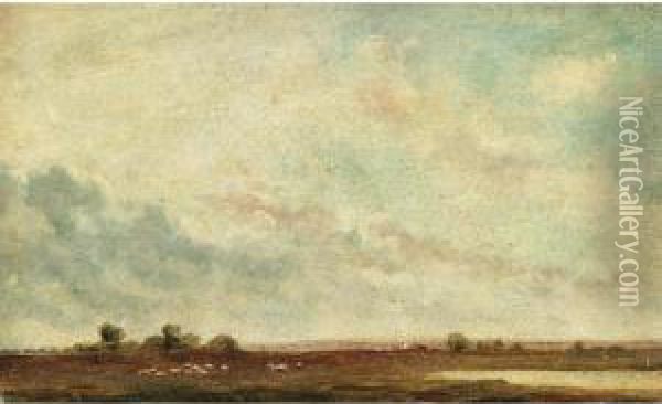 Extensive Landscape With Distant View Of Windmills Oil Painting - Lionel Constable