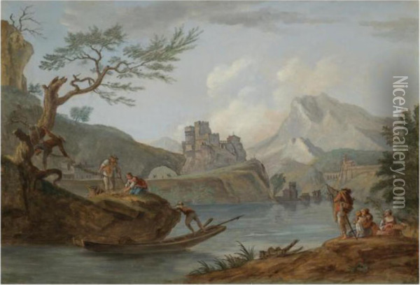 A Mountainous River Landscape With Figures Fishing In Theforeground Oil Painting - Claude-joseph Vernet
