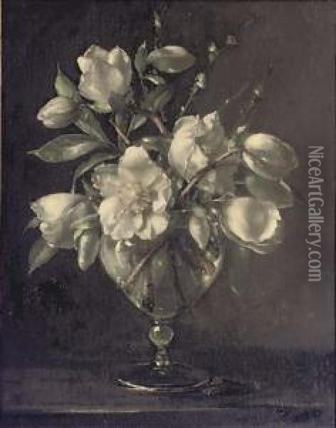 White Camelias In A Glass Vase On A Stone Ledge Oil Painting - Terence Loudon