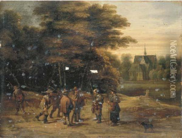 Soldiers With Pilgrims In A Wooded Landscape Near A Church Oil Painting - David The Younger Teniers
