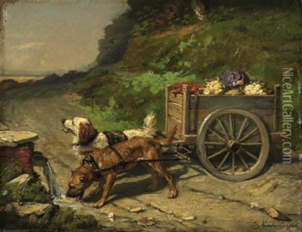 Zwei Hunde Vor Einem Gemusekarren Oil Painting - Charles van den Eycken I