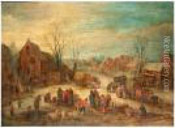 A Crowded Village Scene Oil Painting - Theobald Michau