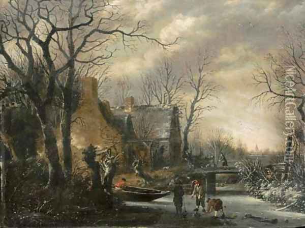 A winter landscape with peasants playing kolf on a frozen river Oil Painting - Salomon Rombouts