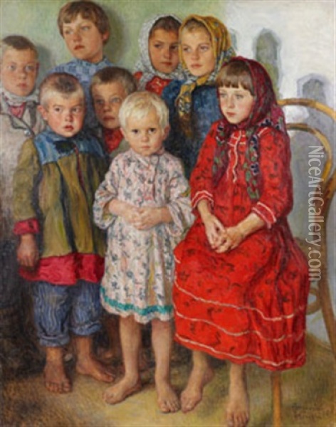 Portrait Of Eight Children Oil Painting - Nikolai Petrovich Bogdanov-Bel'sky
