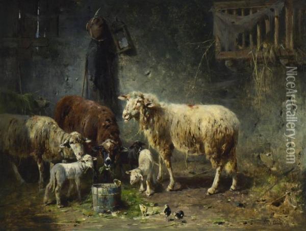 Schafe Und Kuken Im Stall. Oil Painting - Friedrich Otto Gebler