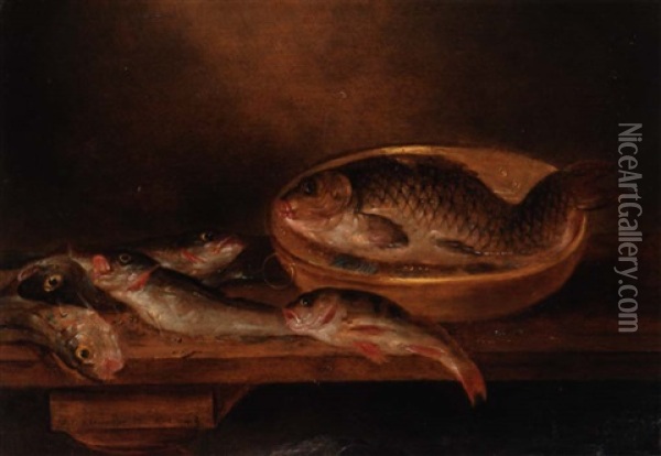 A Still Life Of Fish On A Wooden Table Oil Painting - Alexander Adriaenssen the Elder