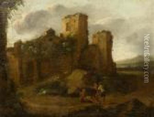Three Men In Front Of A Ruin Oil Painting - Gaspard Dughet Poussin