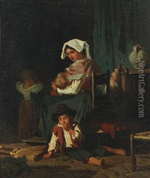 Interior With Italian Family Oil Painting - Wilhelm Nicolai Marstrand