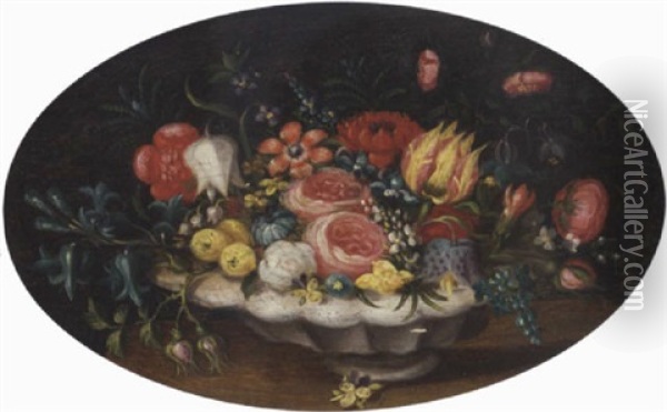 Tulips And Roses In A Vase On A Table Oil Painting - Jan van Kessel the Younger