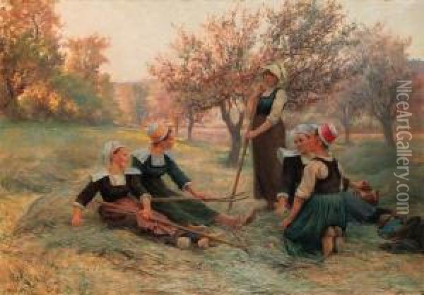 La Fin De La Journee Des Faneuses Oil Painting - Theophile Louis Deyrolle