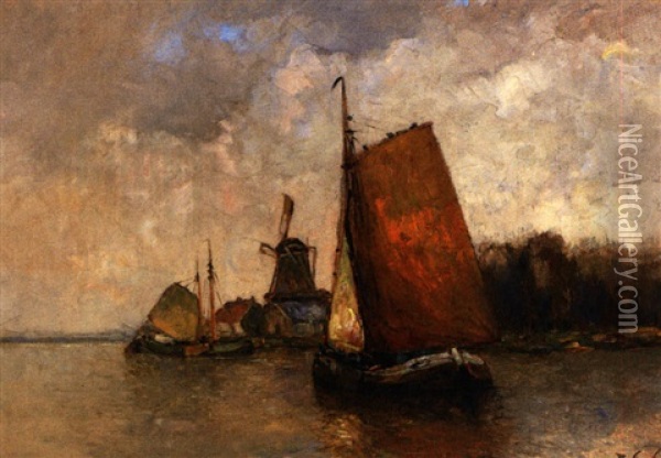 Uferstuck Mit Segelbooten Und Windmuhle Oil Painting - Rudolf Anton Guba