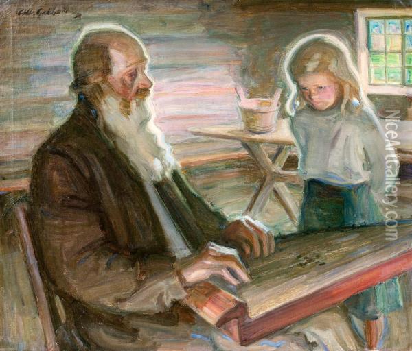 The Old Kantele-player And Hisgrandchild Oil Painting - Albert Gebhard