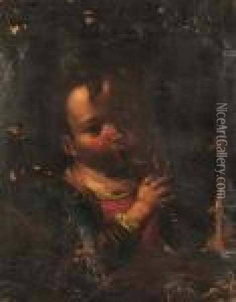 A Young Boy Playing A Pipe. Oil Painting - Antonio Amorosi