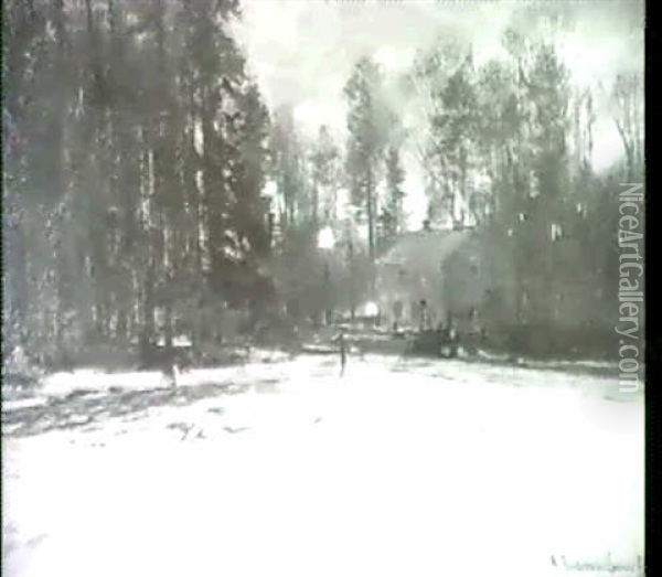 Verschneiter Winterwald Mit Einem Bauernhaus Vor Dem Zwei   Laternen Brennen. Oil Painting - Anders Andersen-Lundby