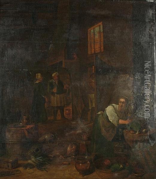 Kitchen Interior With A Woman Peeling Vegetables Oil Painting - David The Younger Teniers
