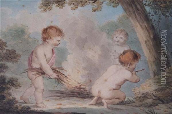Three Cherubs Building A Fire Oil Painting - Lady Diana Beauclerk