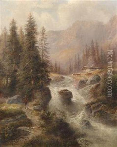 Hunter At An Alpine Creek Oil Painting - Gustav Barbarini