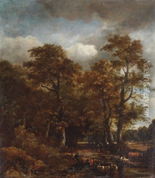 A Wooded Landscape With Cattle Crossing A Stream Oil Painting - Jan van Kessel the Elder