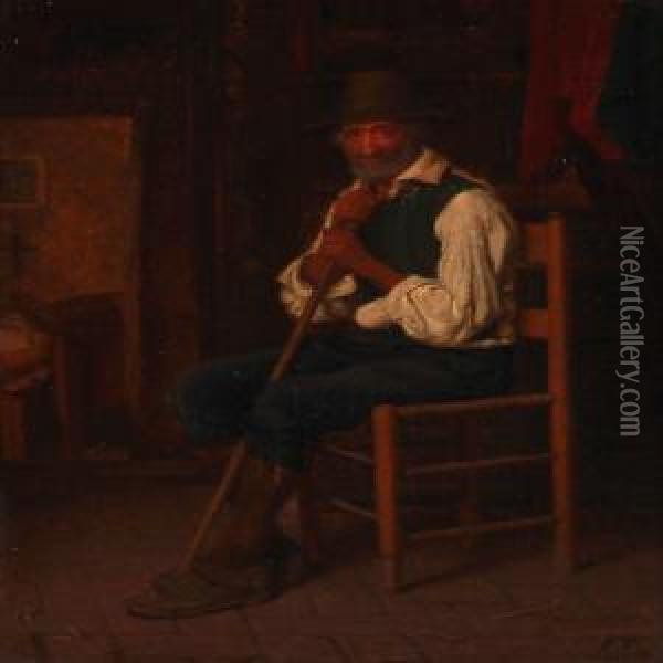 An Elderly Man With A Hat And Cane Oil Painting - Frederik Vermehren