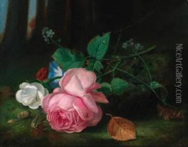 Roses With Convolvuli And A Sprig Of Forget-me-nots On A Mossybank Oil Painting - Arthur Chaplin