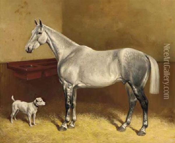 A Dappled Grey And A Terrier In A Stable Oil Painting - Frank Babbage