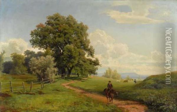 Landschaft Mit Reiter. 1865. Oil Painting - Hjalmar (Magnus) Munsterhjelm