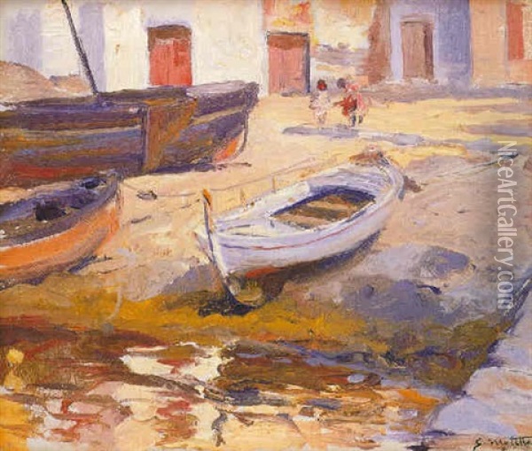 Ninos Junto A Una Barca Varada Oil Painting - Segundo Matilla Marina