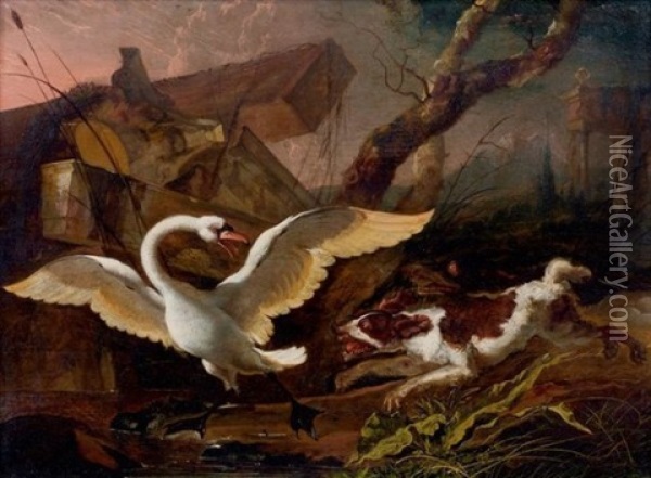 Chien Poursuivant Un Cygne Dans Un Paysage Oil Painting - Abraham Danielsz Hondius