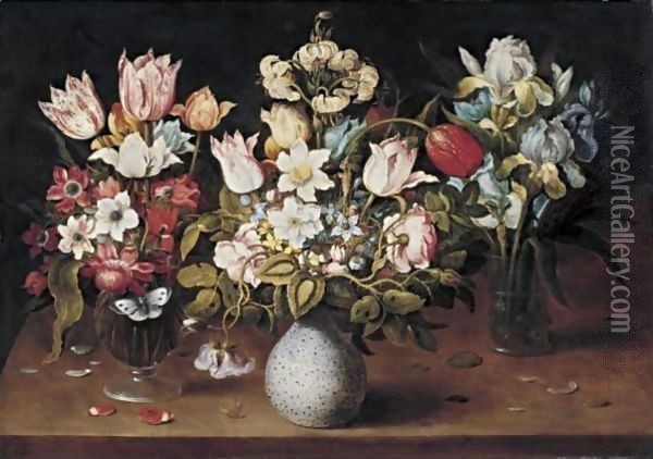 Still Life Of Three Floral Bouquets Resting On A Table Oil Painting - Osias, the Elder Beert