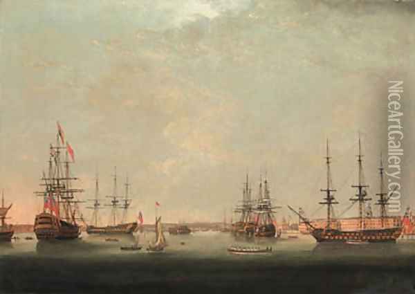 A Squadron of the Red in Portsmouth Harbour Oil Painting - Thomas Elliot