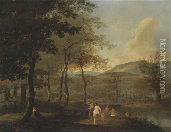 A Wooded Landscape With Nymphs And Putti Bathing Oil Painting - Willem de Heusch