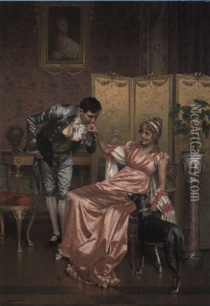 A Courting Couple Oil Painting - Vittorio Reggianini