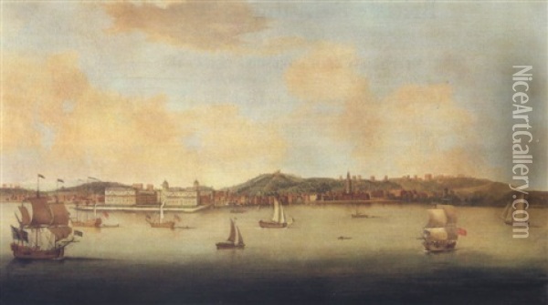 A Prospect Of Greenwich From The North Bank Of The Thames,  With Shipping In The Foreground Oil Painting - Peter Monamy