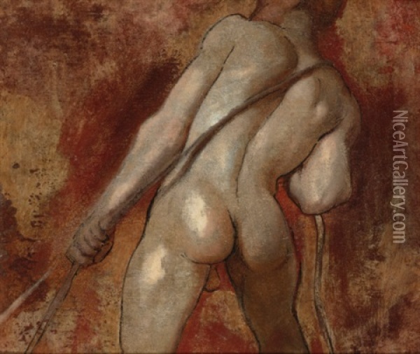 Male Nude Hauling Rope (study (+ Another); 2 Works) Oil Painting - William Etty