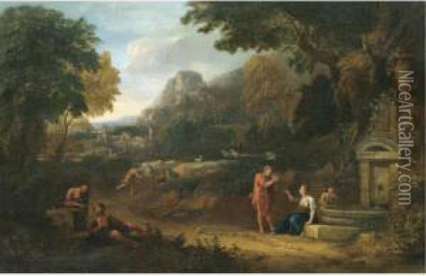 An Italianate Landscape With 
Figures Drinking From A Well And A Shepherd Boy Droving His Flock Beyond Oil Painting - Peter Tillemans