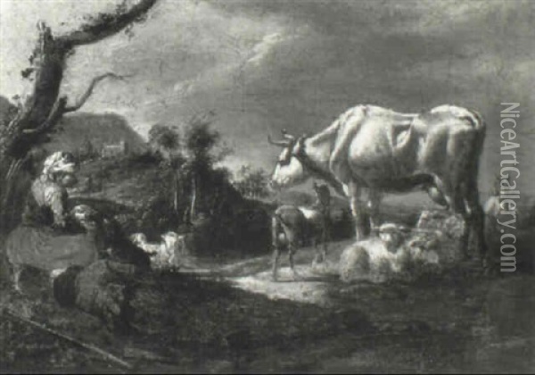 Drover With A Cow, Goats And Sheep In An Italianate Landscape Oil Painting - Jan Miel