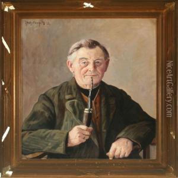 Portrait Of Gentleman With A Long Pipe Oil Painting - Leis Schjelderup