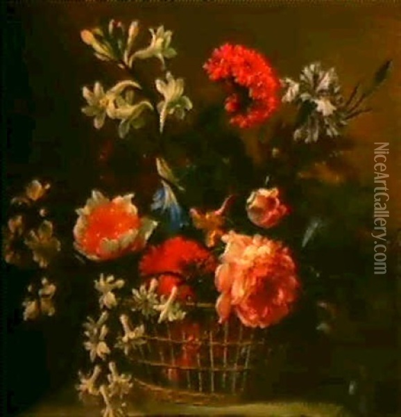 Ein Blumenstrauss In Einem Geflochtenen Korb Auf Einer      Steinplatte Oil Painting - Nicolas Baudesson