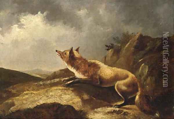 A fox in a landscape Oil Painting - English School