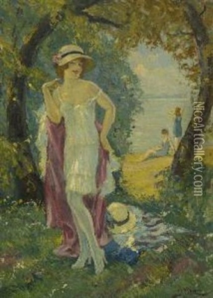 Badende Am See Oil Painting - Leopold Illenz