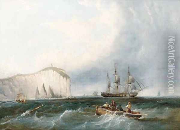 A frigate weaving through small craft off a lofty headland Oil Painting - James Wilson Carmichael
