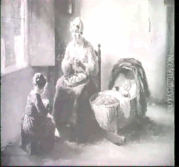 Mother, Daughter And Baby In An Interior Oil Painting - Bernard de Hoog