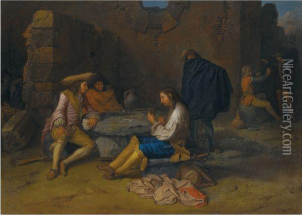 Soldiers Playing Cards Beside Ruins Oil Painting - Henry Ferguson