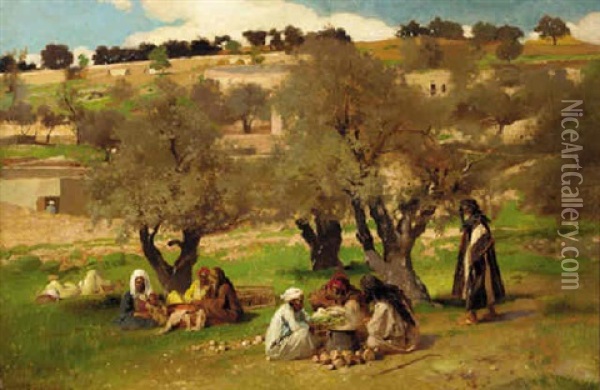 Arab Figures Seated With Their Harvest Beyond The Village Oil Painting - Pierre Jan van der Ouderaa