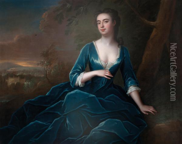 Une Lady Devant Son Chateau Dans La Campagne Anglaise Au Crepuscule Oil Painting - Michael Dahl