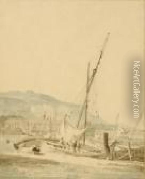 Sailingboat In A Harbor; And Two Companion Works Oil Painting - David Cox