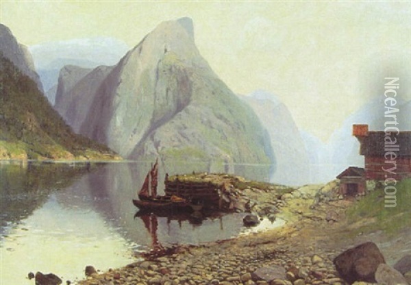Fjordlandskap Med Rod Stuga Och Batar Oil Painting - Hans Dahl