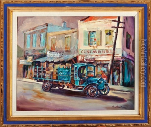 Delivery Truck In Front Of Cusemano's Bar (prytania Street), New Orleans, Oil Painting - Robert Malcolm Lloyd