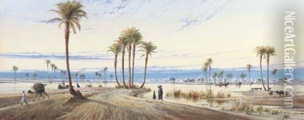 A View Of The Nile With A City In The Distance Oil Painting - Augustus Osborne Lamplough